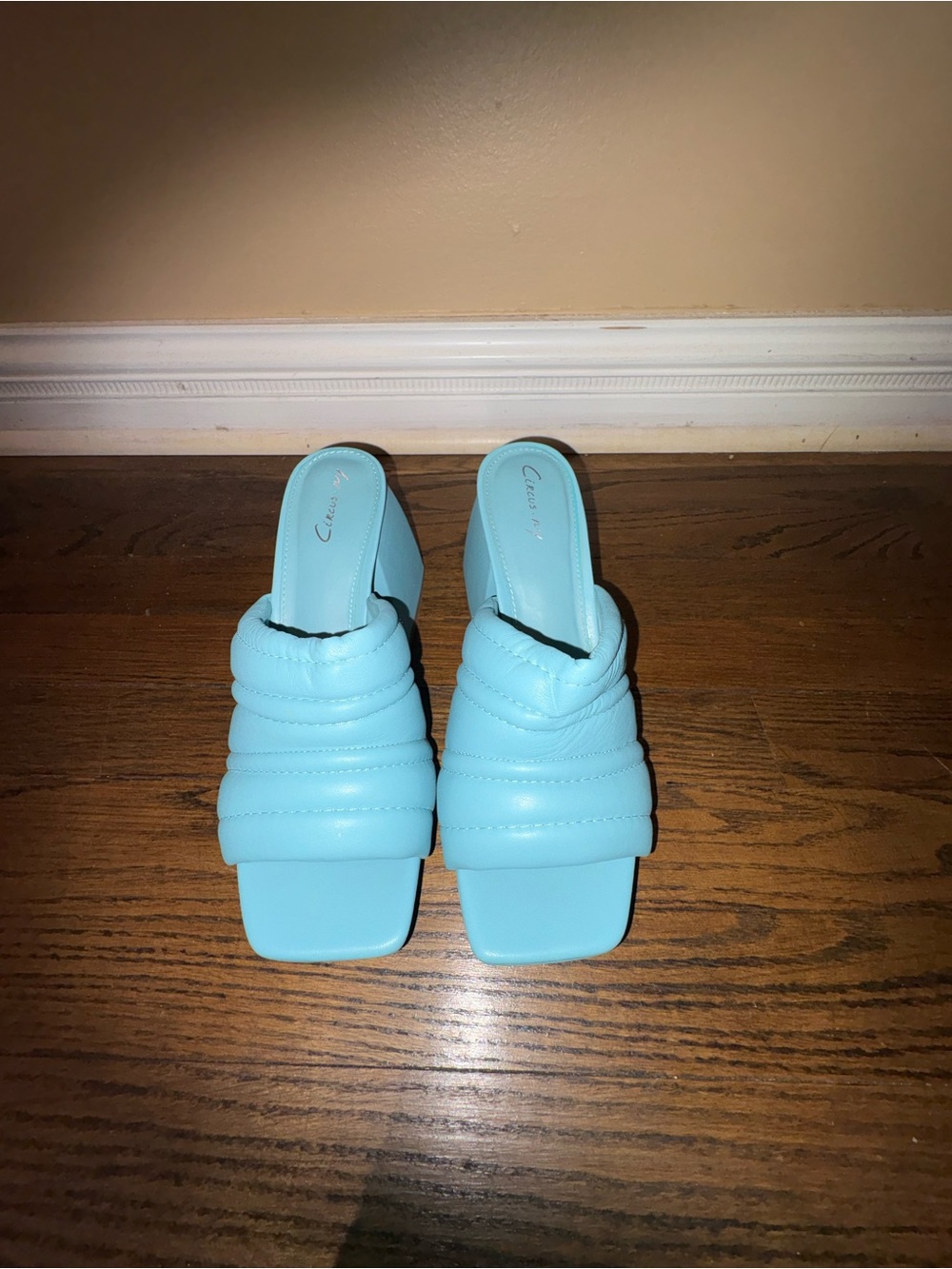 Quilted Light Blue Slide Mules with Block Heel - Women